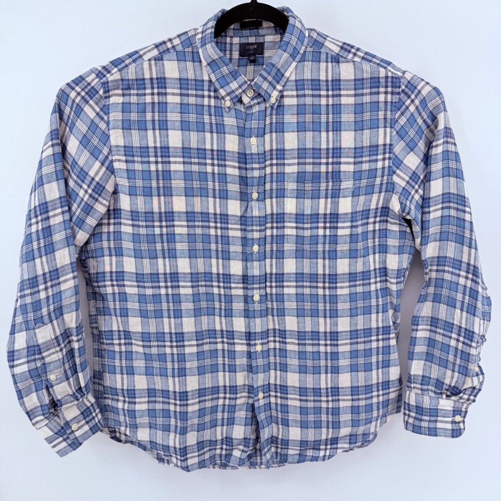 J Crew Slim Fit Blue Plaid Linen Button Down Shirt XL F0850